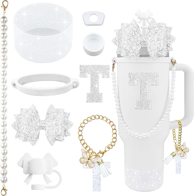 9PCS White for Stanley Cup Accessories Set Bling Initials Bow Charms for by Unknown