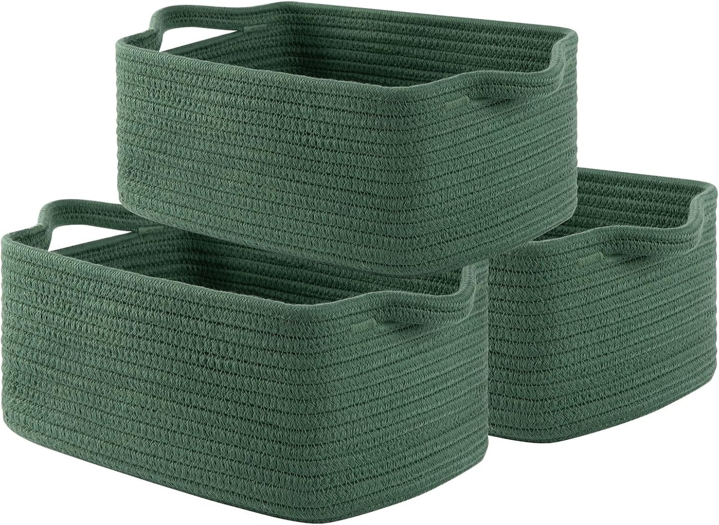 OIAHOMY Cotton Rope Woven Baskets for Storage, Nursery Rectangle Storage Basket with Handles for Shelves, Pack of 3, Green