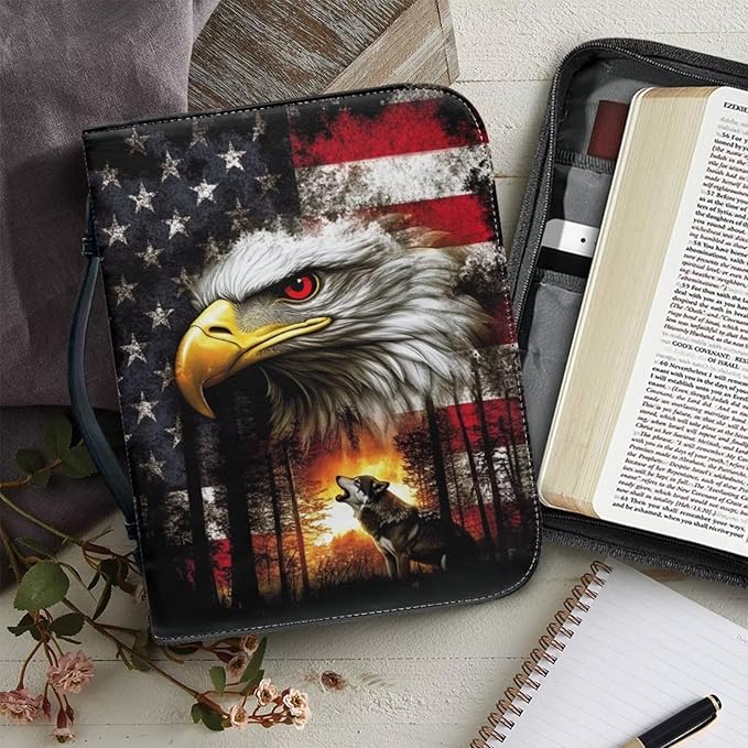 Medium Bible Cover Case for Women Men American Flag Wolf Bald Eagle Print PU - Image 5