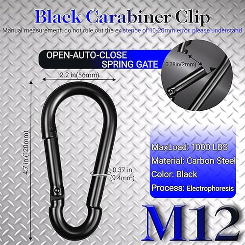 12 Pack 4.7" Heavy Duty Carabiner Clips, M12 Black Galvanized Steel Spring Snap - Image 2