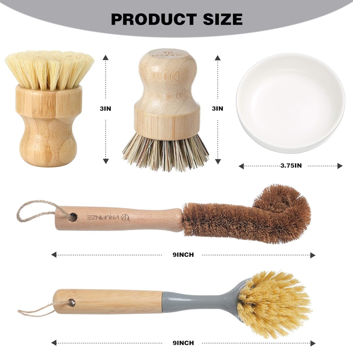 Natural Bamboo Dish Brush Bottle Scrub Brush 4-Piece Set, with Ceramic Soap Dispenser - Wooden Washing Up Brushes with Sturdy Handles for Cleaning Dishes, Pots, Pans, Gift Kit