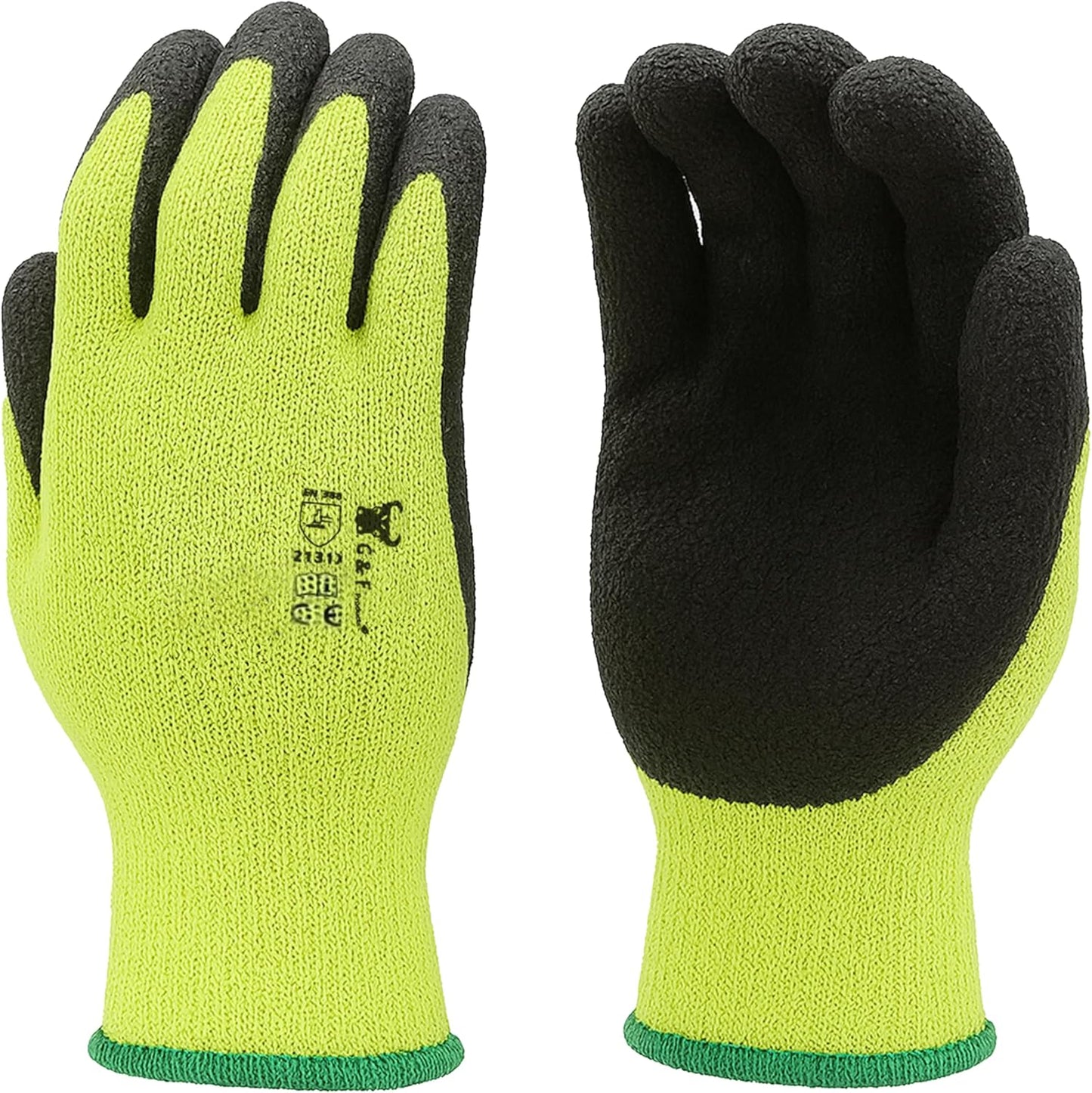 G & F 1516 12 Pairs Pack Premium High Visibility Low emissions Green Work and gardening Gloves for Men and Women.MicroFoam Textured Coated Palm and Fingers Gloves for Gardening Work,Size Large,Green