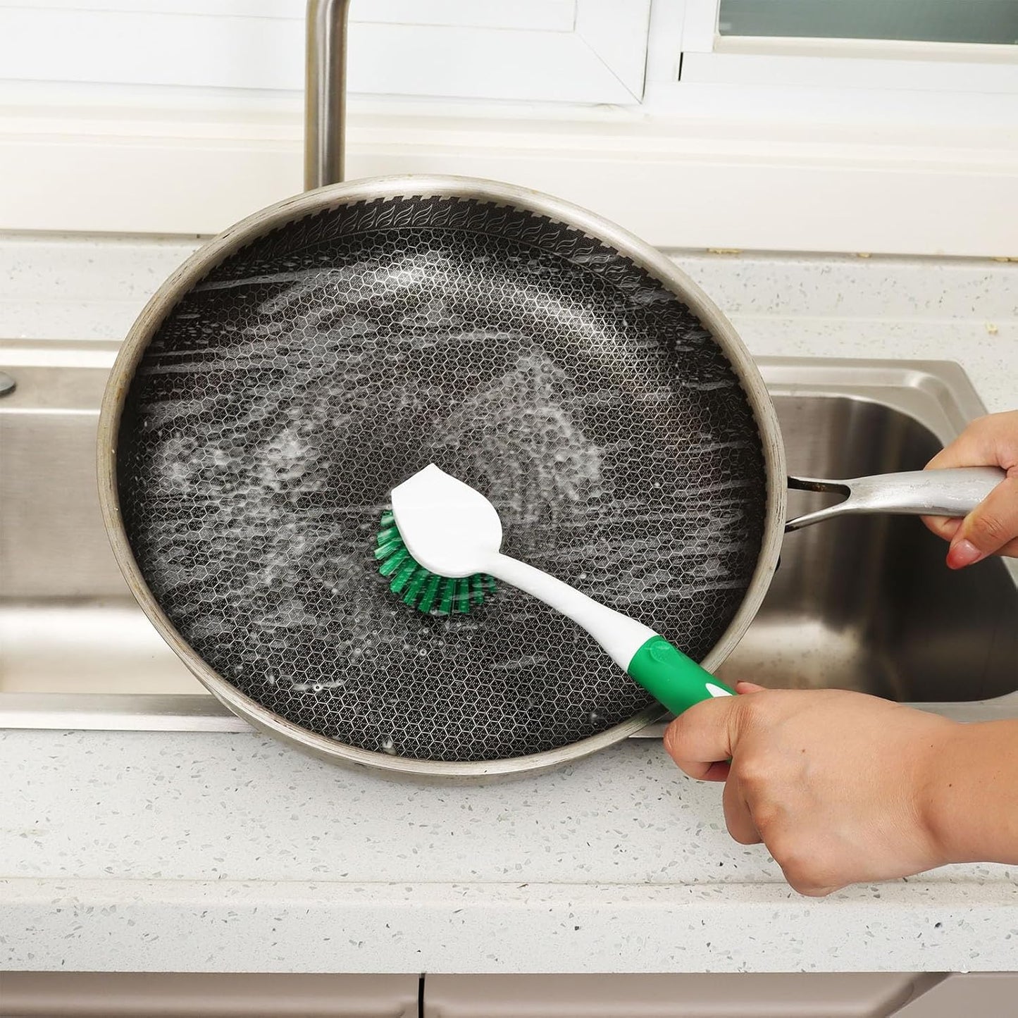 Dish Brush with Handle, 2 Pack Scrub Brushes with Built-in Scraper for Cleaning Kitchen, Pots, Pans and Sink, Scrubber Washing Tools, Green