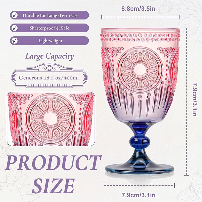 XUWAIDSGN 24Pcs Plastic Vintage Wine Glasses 13.5oz Reusable Embossed Goblet - Image 4