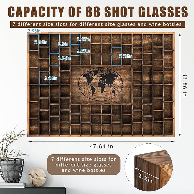 GlikCeil 88 Slots 48 x 34'' Jumbo World Map Shot Glass Display Case Rustic Wood - Image 2