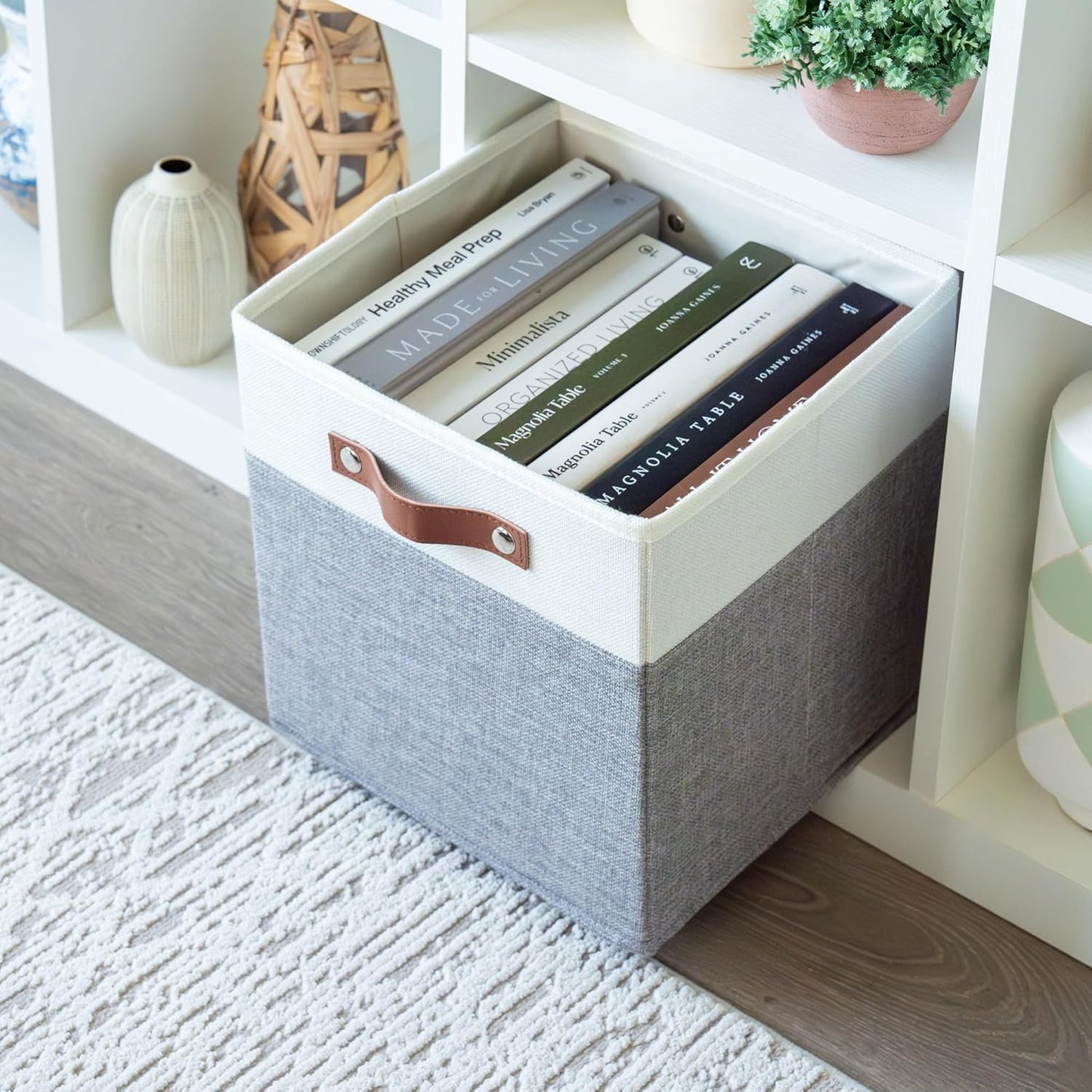 OrganiHaus 11x11 Fabric Cubes Storage Bins Set of 4, Foldable Collapsible Fabric Storage Bins for Organizer, Cubbies Organizer for Kallax, Linen Cube Shelf Baskets, Toy Organizing boxes - Grey/White