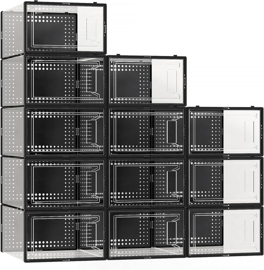 12 Pack X Large Shoe Storage Organizer for Closet, Modular Space Saving Shoe Boxes Clear Plastic Stackable Containers Display Case Bins with Lids, Black