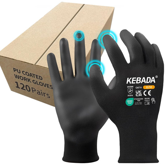 Kebada Safety Work Gloves,120 Pairs Bulk Pack, Touchscreen, PU Coated, Ideal for Warehouse, Construction, Gardening and Mechanics, Black, X-Small