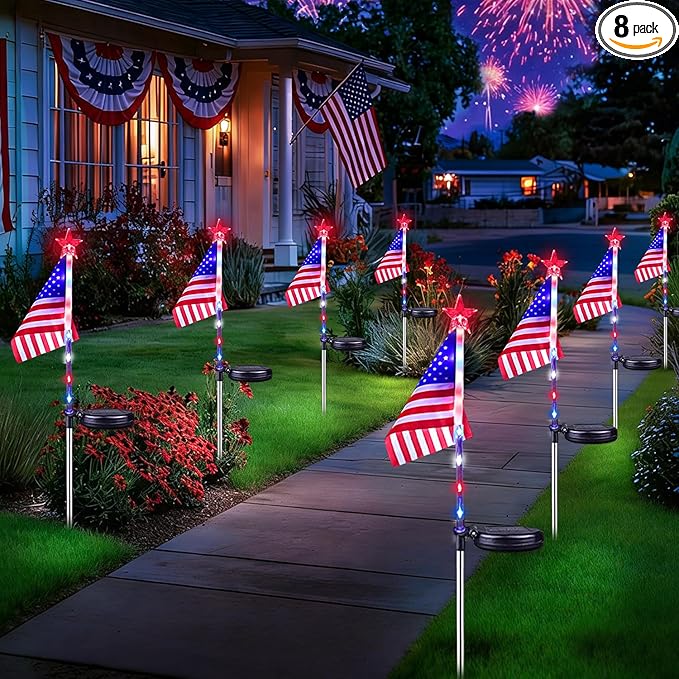 8 Pack American Flag Solar Lights Outdoor, 4th of July Decorations Red White by BOSSERN