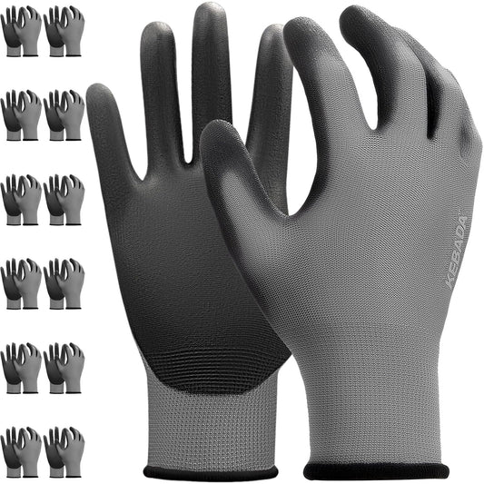 Kebada W1 Work Gloves for Men and Women,12 Pairs Touchscreen Working Gloves with Grip, PU Coating on Palm & Fingers,Gray XXL
