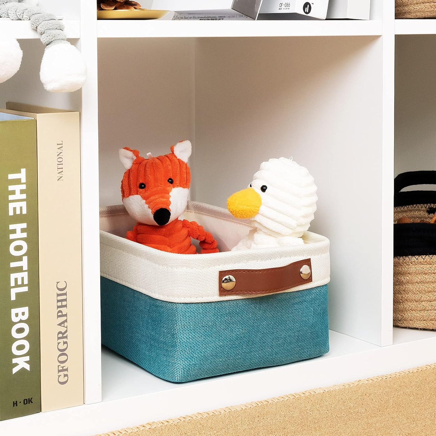 DULLEMELO Small Collapsible Fabric Basket for Organizing, Shelves, Closets, Laundry, Nursery, Decorative Gift Basket (White & Teal)