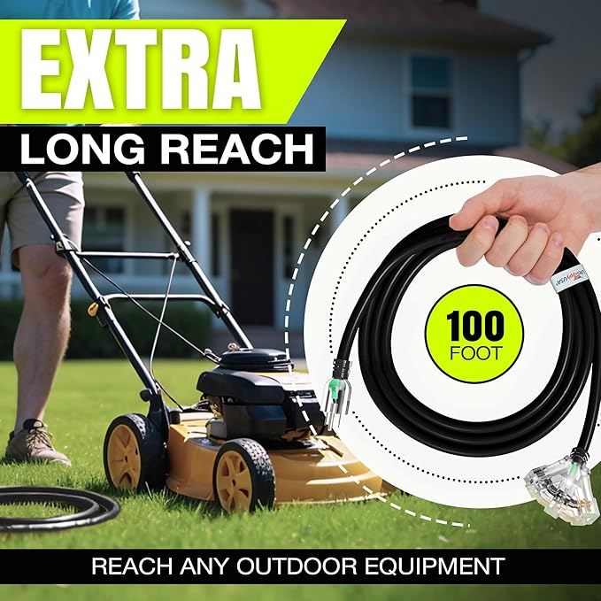 100ft Outdoor/Indoor Extension Cord 3-Outlet 12/3 Gauge Extra Heavy Duty 3 - Image 6