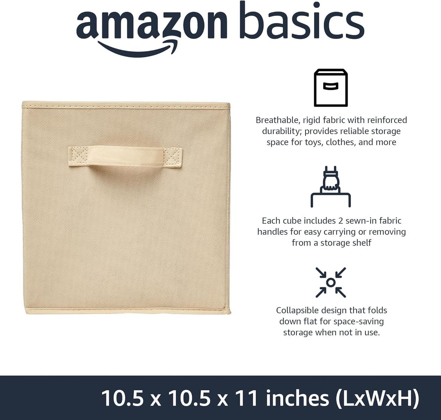 Amazon Basics Collapsible Fabric Storage Cubes Organizer with Handles, Sturdy, Beige, 10.5-x-10.5-x-11-inch, Pack of 6