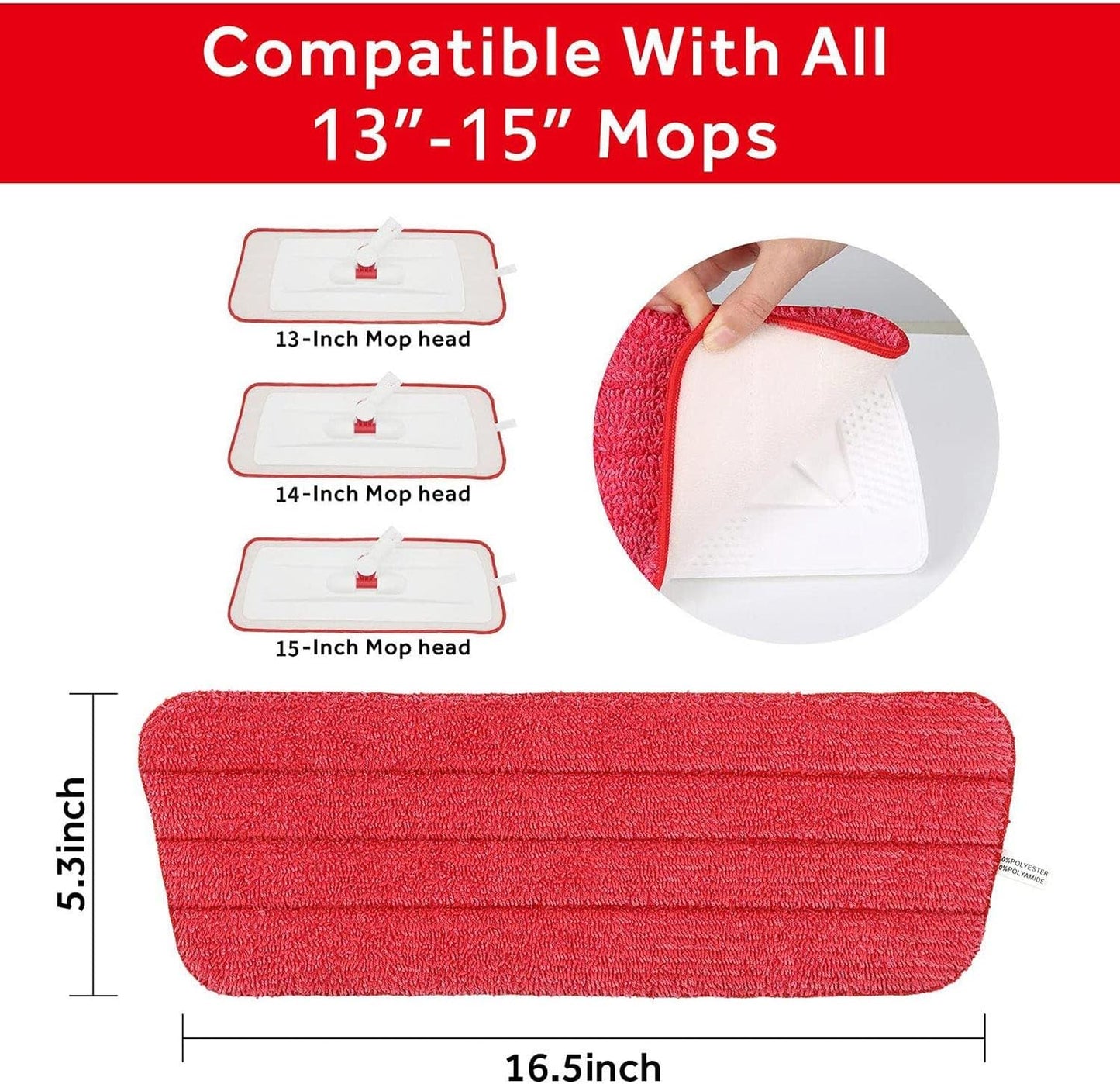 16.5 inch Mop Pads Refills, 3 Pack Microfiber Reusable Replacement Mop Pads Flat Replacements Heads for Wet Or Dry Floor Cleaning and Scrubbing, Red Cloth