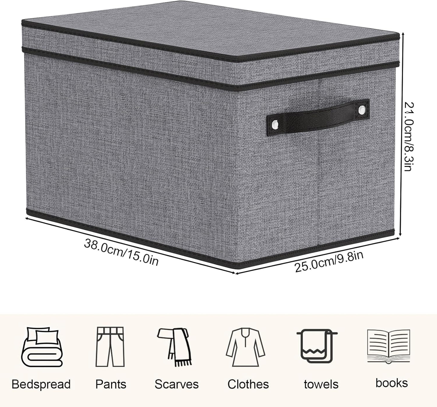 Storage Boxes, 15 x 9.8 x 8.3 Inch Baskets for Organizing with Lids, Fabric Bins with Handles, Decorative Linen Closet Organizers, Gray, 1 Pack