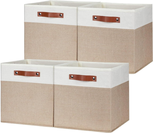 HNZIGE Fabric Baskets for Organizing 13x13 Storage Cubes, Set of 4 Fabric Foldable Canvas Storage Bins for Shelves, Cloth Storage Bins for Cube Organizers Toy Nursery Closet Bedroom?Beige&White?
