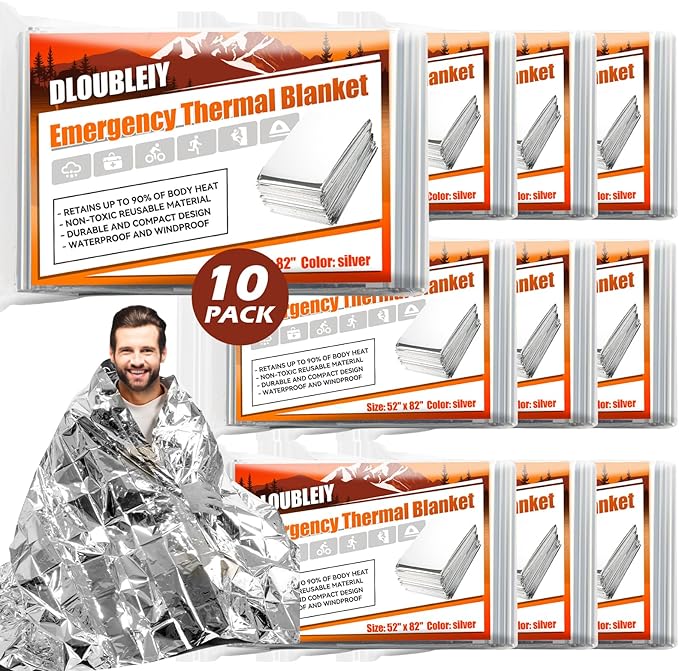 10-Pack Emergency Thermal Blankets, Heavy Duty Mylar Space Blanket by DLOUBLEIY