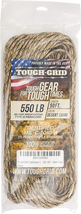 TOUGH-GRID 550 Paracord, Type III Mil-Spec Nylon Rope - 50 Ft Desert Camo - Image 3