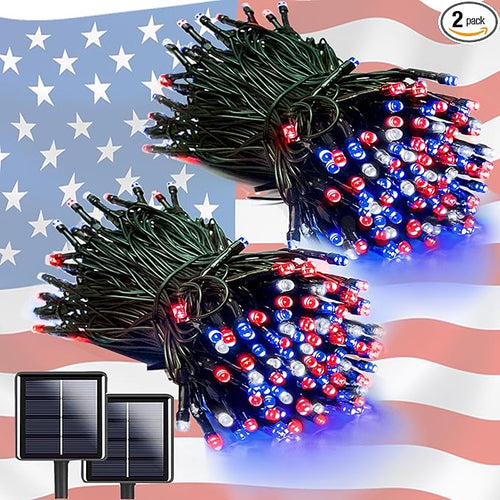 2 Pack 200 LED Red White and Blue Solar String Lights Outdoor Waterproof by EEW