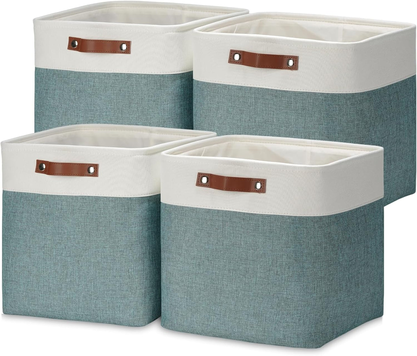 DULLEMELO Storage Bins, 4 Pack Of 13x13x13 Decorative Storage Cube Bins Suit Office, Home, Shelves And Closet, Stackale Gift Baskets Empty with Leather handle (White&Deep Green)