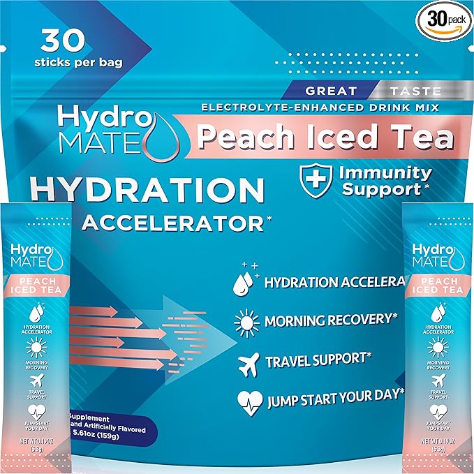 HydroMATE Electrolyte Powder Peach Tea Hydration Packets Low Sugar 30 Count by HydroMATE