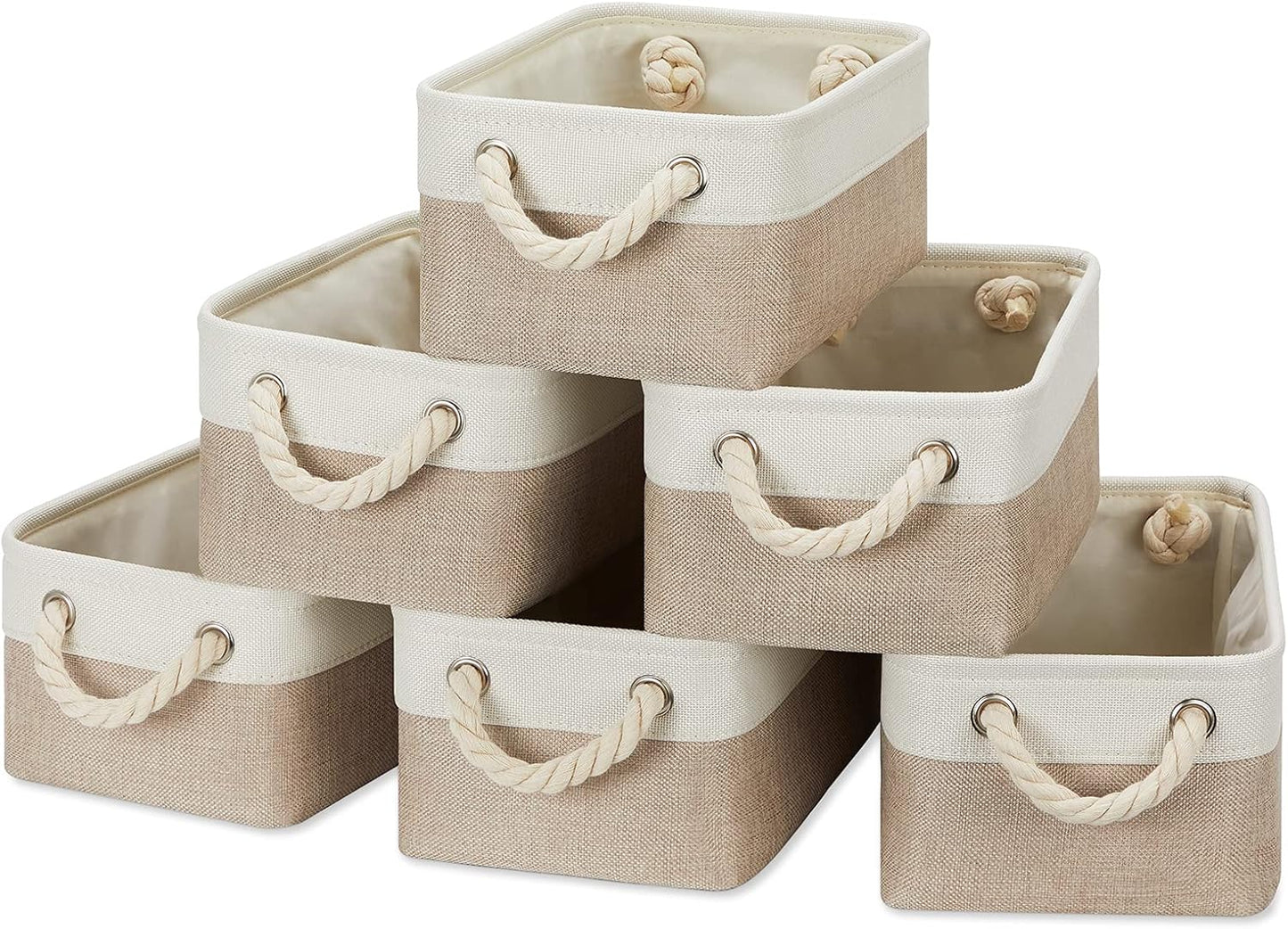 Temary Small Fabric Storage Baskets 6 Pcs Decorative Baskets Bins for Gifts Empty Foldable Storage Basket with Handles for Organizing Shelf, Towels (White&Khaki,11.8 L x 7.9 W x 5.3 H inches)