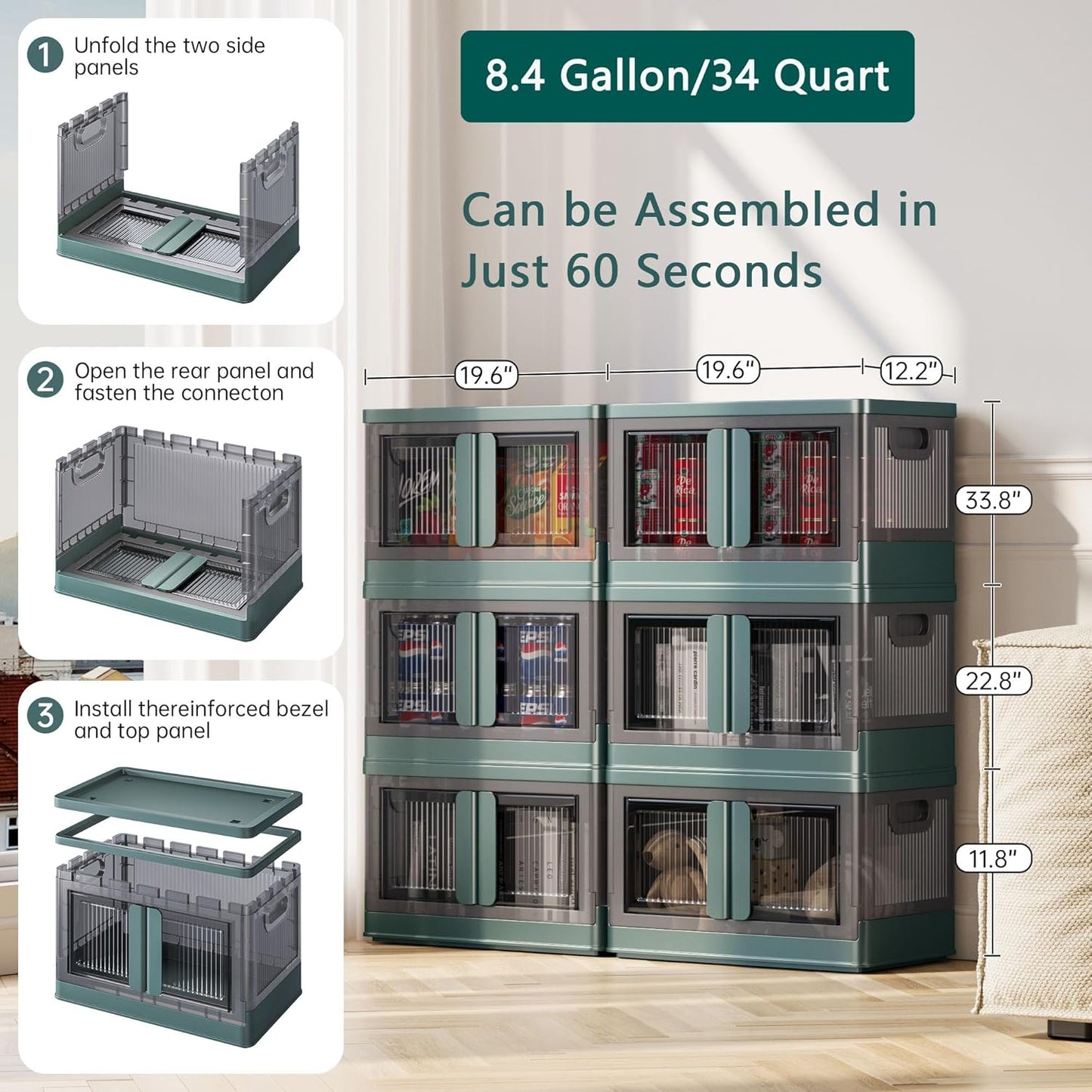 8.4Gal Collapsible Storage Bins with Lids & Wheels - 6 Pack Stackable with Doors, Heavy-Duty Plastic Containers for Home/Office, Green