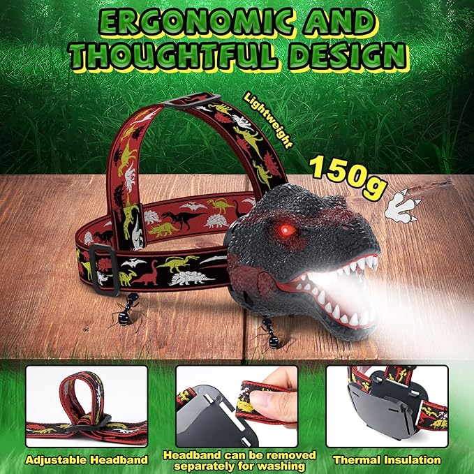 Nitigo Dinosaur Headlamp for Kids Flashlight Rechargeable Led Headlights Roar & - Image 8