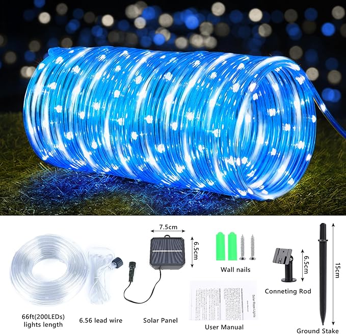 Solar Rope Lights, 66ft 200LED Solar String Lights, 8 Modes Waterproof Solar - Image 3