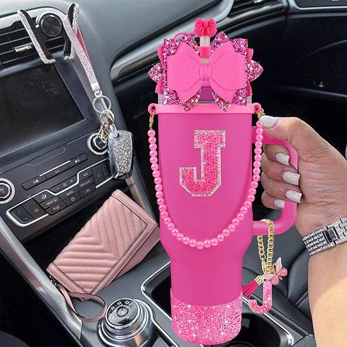 9PCS Hot Pink for Stanley Cup Accessories Set Bling Initials Bow Charms for - Image 6