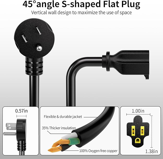 Vockjour 15 FT Black Low Profile Flat Plug 14 Gauge Heavy Duty Extension Cord - Image 5