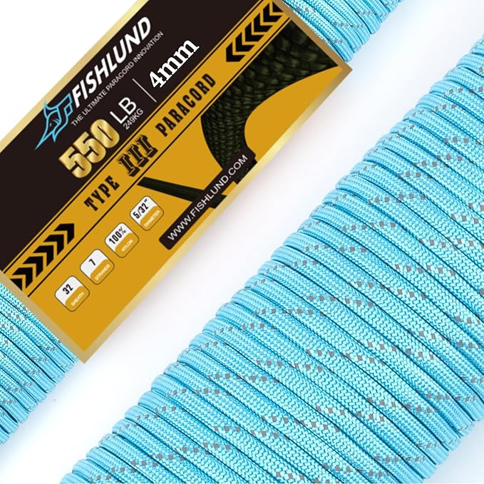 Reflective Paracord 550 lb, 7 Strand Paracord Rope 250ft 4mm, Nylon Parachute by FISHLUND