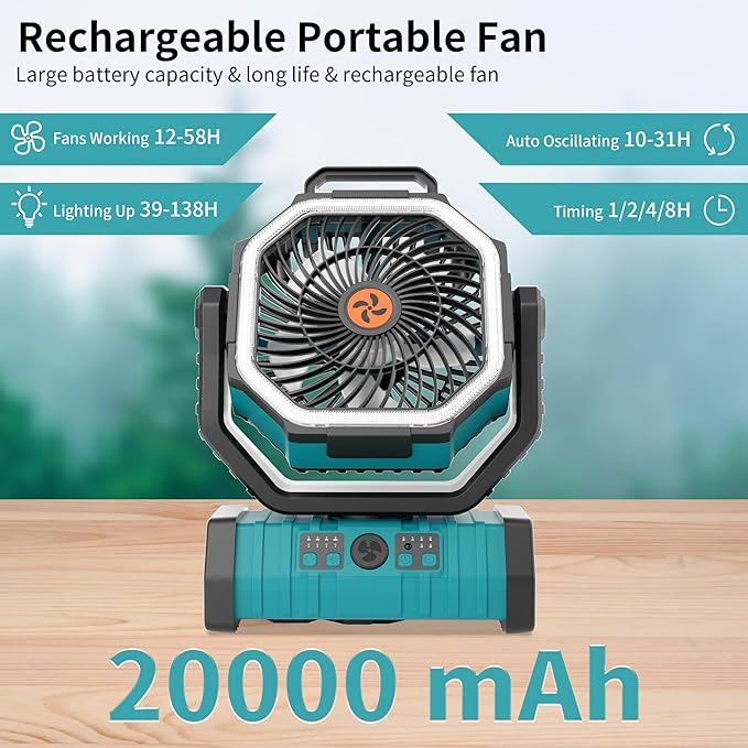 20000mAh Outdoor Camping Fan Battery Operated, Portable Rechargeable Battery - Image 2