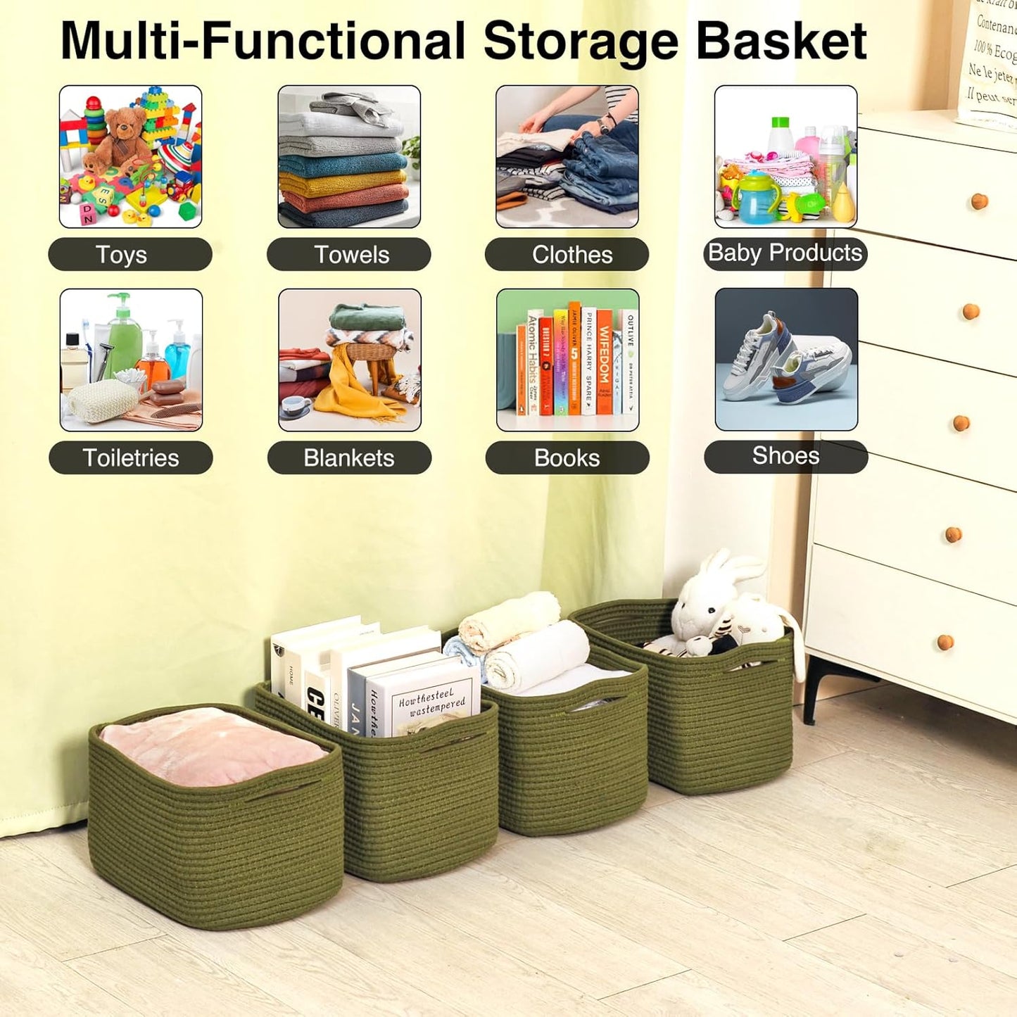 Storage Basket for Shelves, Small Baskets for Organizing, Woven Cotton Rope Baskets for Storage, Book Basket, Decorative Shelf Basket, 12.5"Lx9.1''Wx7.9''H (4 Packs) Green