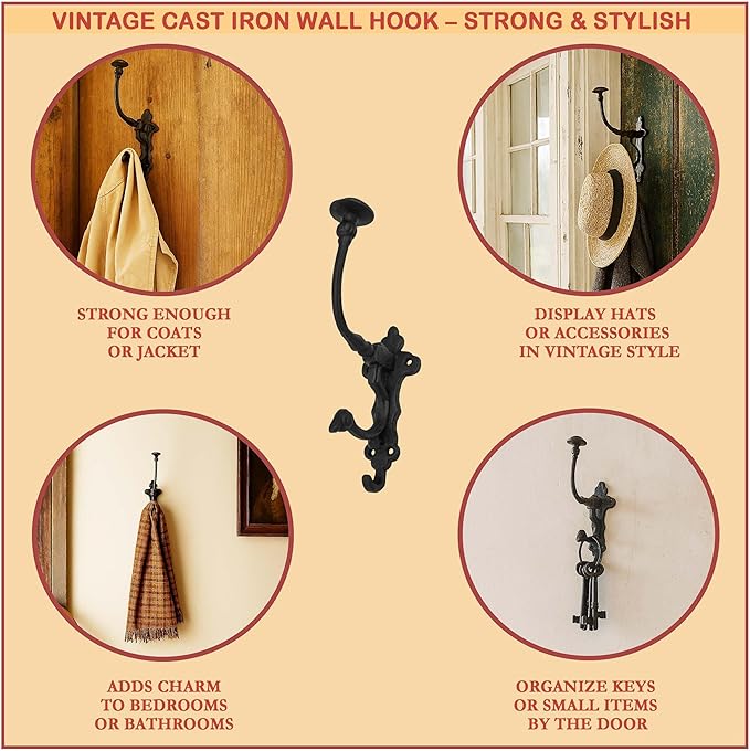 Mystic Colonial Rustic Cast Iron Wall Hooks – Heavy Duty Vintage Utility Hooks - Image 3