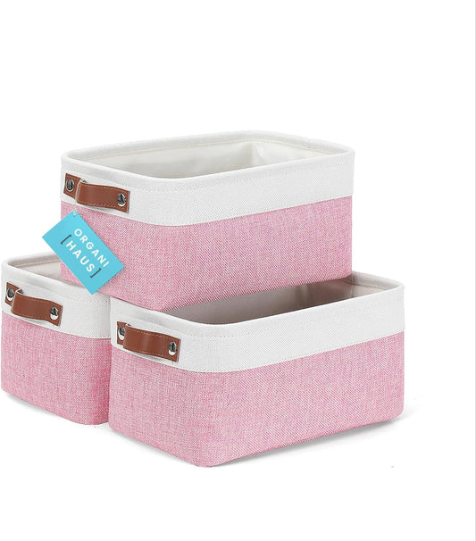 OrganiHaus Small Fabric Storage Baskets for Shelves 3 Pack, 12x8in Closet Storage Bins for Shelves, Cloth Baskets for Organizing, Linen Closet Organizers, Fabric Basket, Pink/White