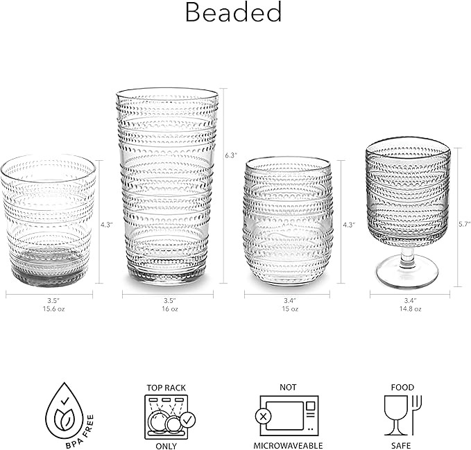 Beaded 15.6 oz Durable Acrylic Double Old Fashioned Drinking Glasses, - Image 5
