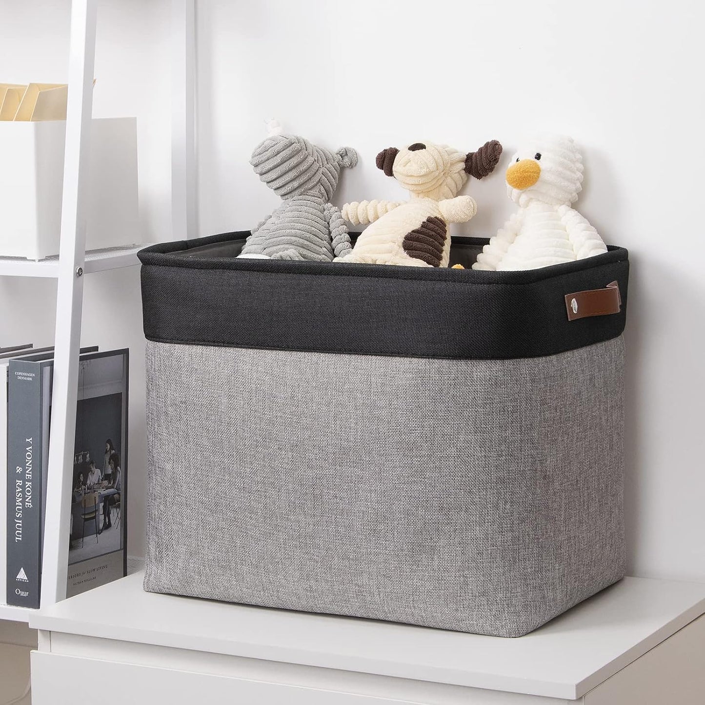 DULLEMELO Large Collapsible Storage Basket/Bin with Sturdy Leather Handles, Fabric Organizer Bin for Storage Clothes, Toys, Books, Office, Bedroom, Closet, Nursery & Laundry (Black&Gray)