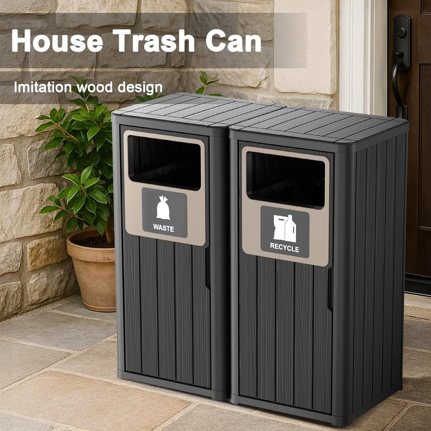 ROJIK 35" Tall Outdoor Trash Can,Weatherproof Resin Garbage Indoor Durable Lightweight,Suitable for Patio Office Kitchen,Easy to Clean,Assemble(Waste&Recycle, Black)