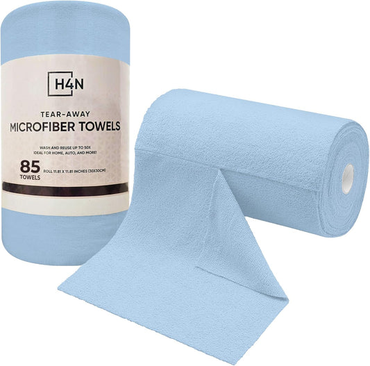 H4N Microfiber Cleaning Cloth Roll, 85 Pack Micro Fiber Wash Cloths for Car, Tear Away Towels, Ultra Absorbent Dish Rags, Non-Abrasive, Reusable and Washable Household Supplies, 11.81" x 11.81", Blue
