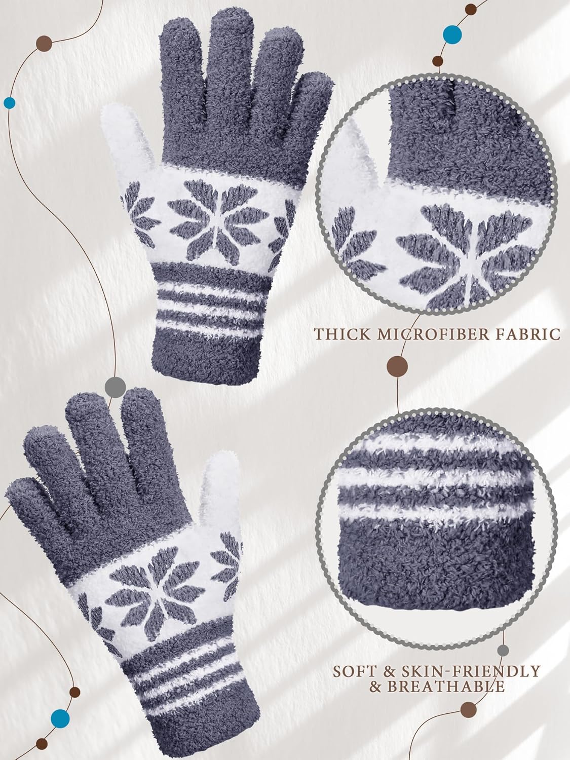 Patelai 3 Pairs Microfiber Plant Dusting Gloves Leaf Cleaning Gloves for Indoor Plants, Blinds, Furniture, House(Medium,Snowflake Dark Blue, Gray, Khaki, White)