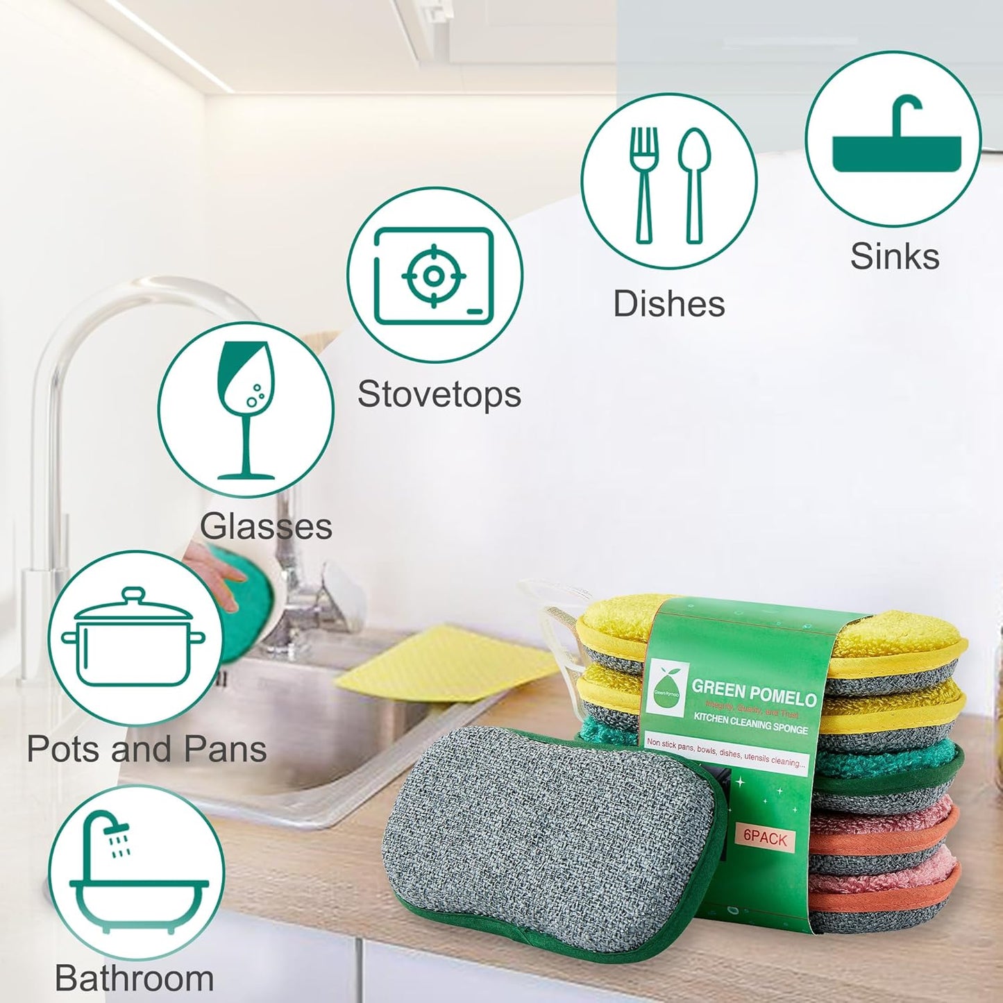 Multipurpose Sponges Kitchen,6 Pack Reusable Non-Scratch Scrub Sponge,Rough Scrubbers Side for Pots and Pans,Soft Microfiber Scrub Side for Washing Dishes