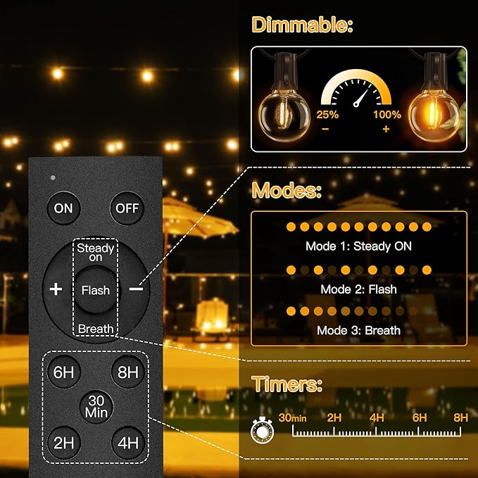 Ollny 35FT Solar Patio Lights, Waterproof Remote Control Dimmable Timers 3Modes - Image 3