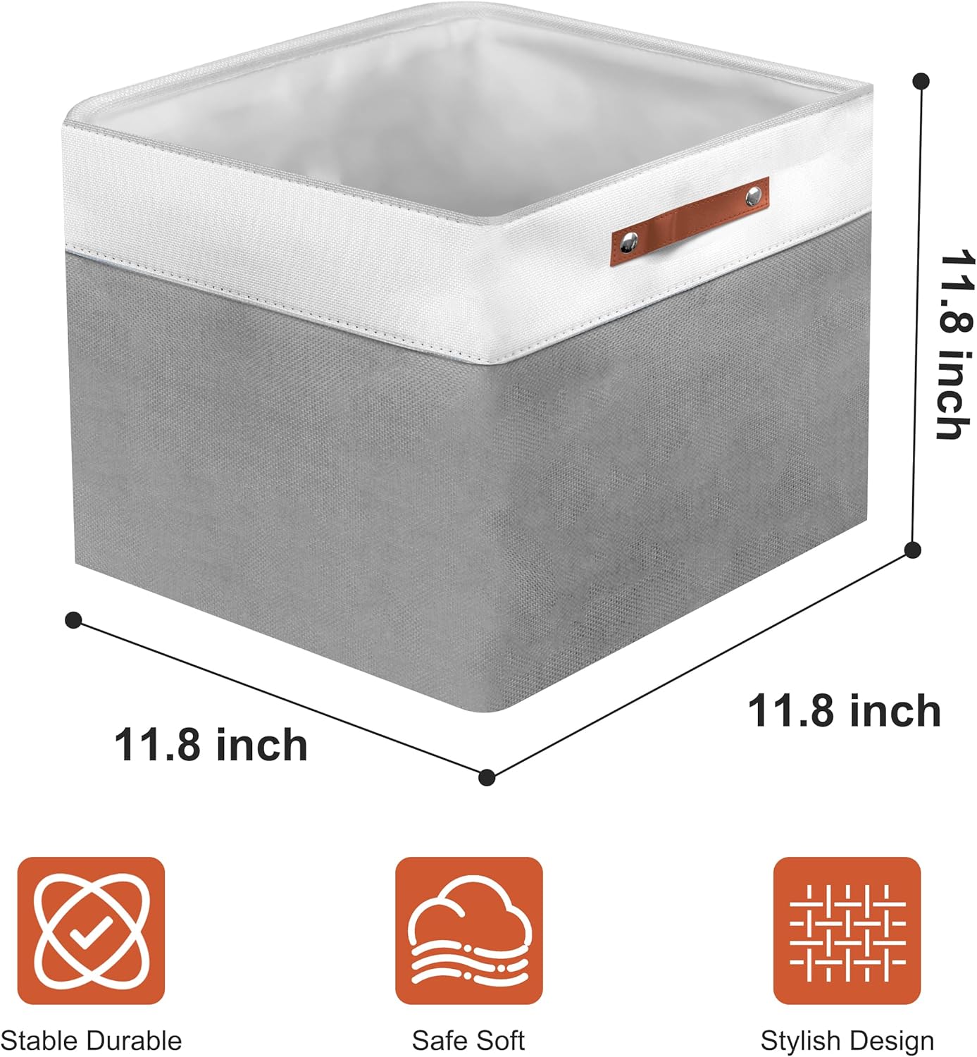 12in Open Fabric Storage Basket with Leather Handles for Organizing, Collapsible Linen Closet Bins for Shelves, Closets, Laundry, Decorative Basket for Gifts. (White＆Gray, 3PCS/12x12in)