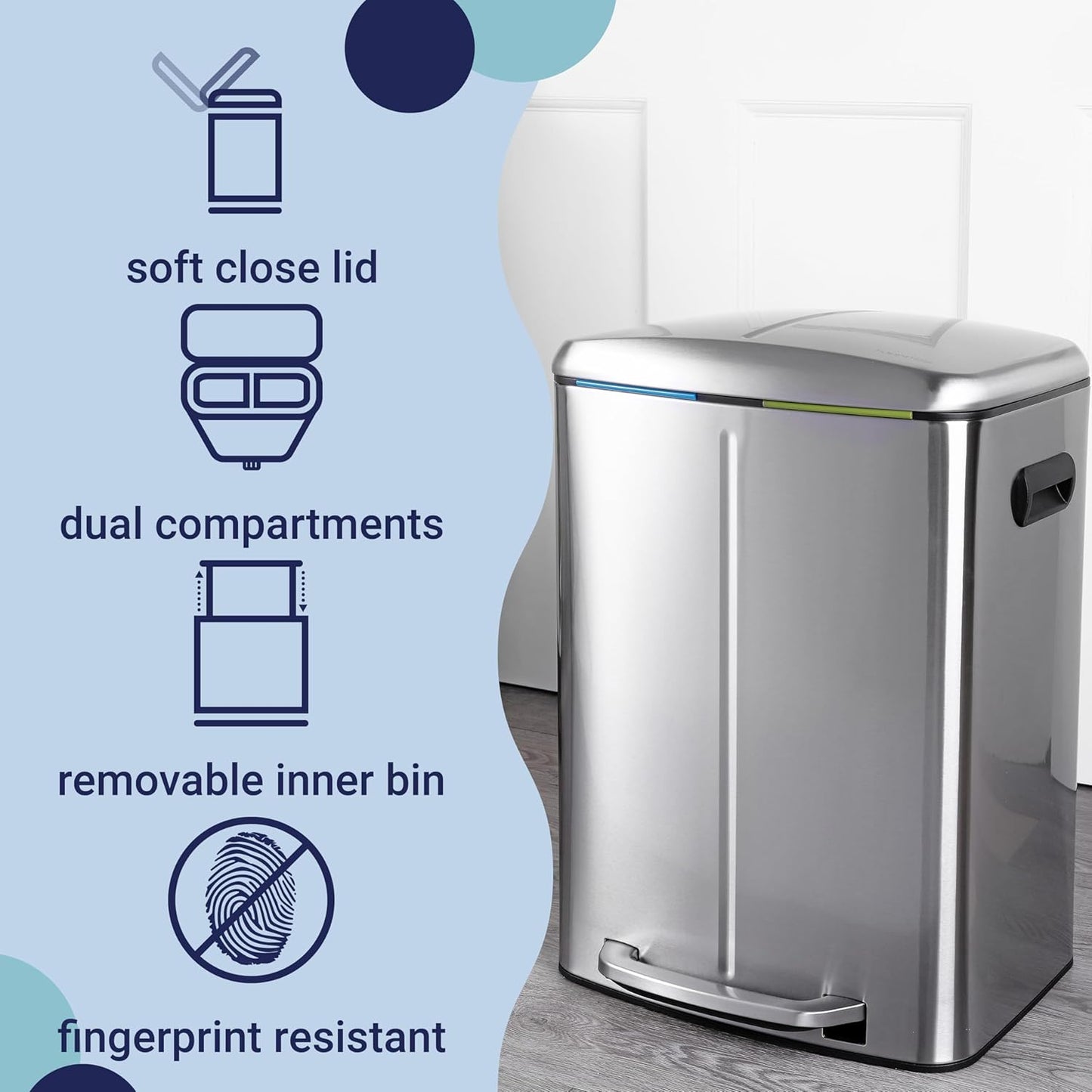 happimess HPM1005A Marco Rectangular 10.5-Gallon Double Bucket Trash Can with Soft-Close Lid, Modern, Minimalistic, Fingerprint Proof for Home, Kitchen, Laundry Room, Office, Stainless Steel