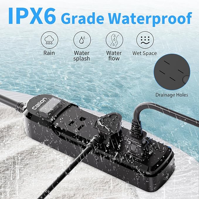 VNJ IPX6 Waterproof Outdoor Surge Protector Power Strip, 3AC Outlets 15FT Cord - Image 2