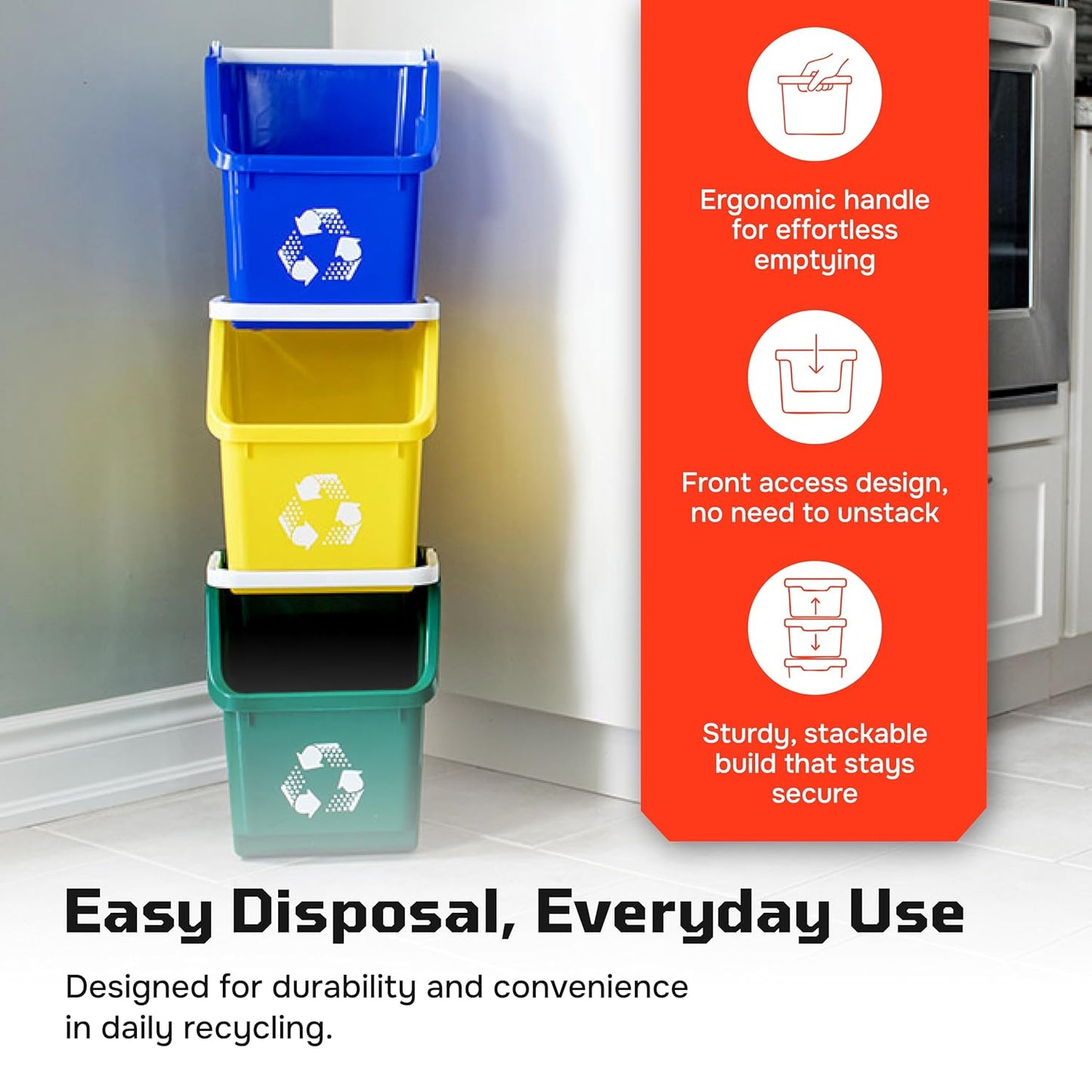 Multi Bin Recycling System with Nine Stackable 6 Gallon Recycle Bins to Build Your Recycling Center for Offices, Kitchen, Garages, Businesses (9 Pack, Blue/Yellow/Green)