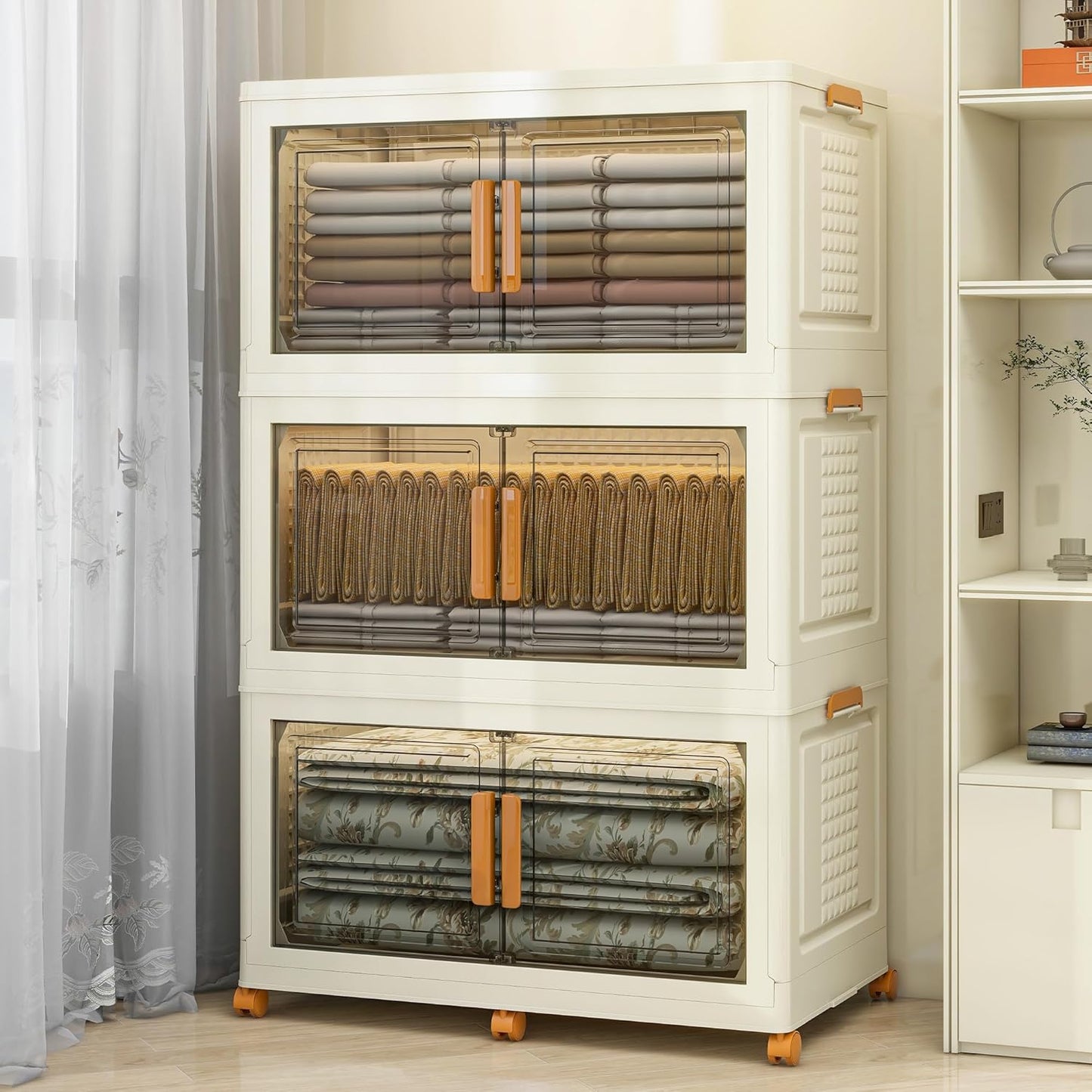 3 Tier Extra Large Stackable Storage Bins with 1 Lid 155 QT/Tier, Collapsible Plastic Box Storage Bin with Wheels, Home Containers Boxes Closet Organizers forLiving Room, Office, Dorm