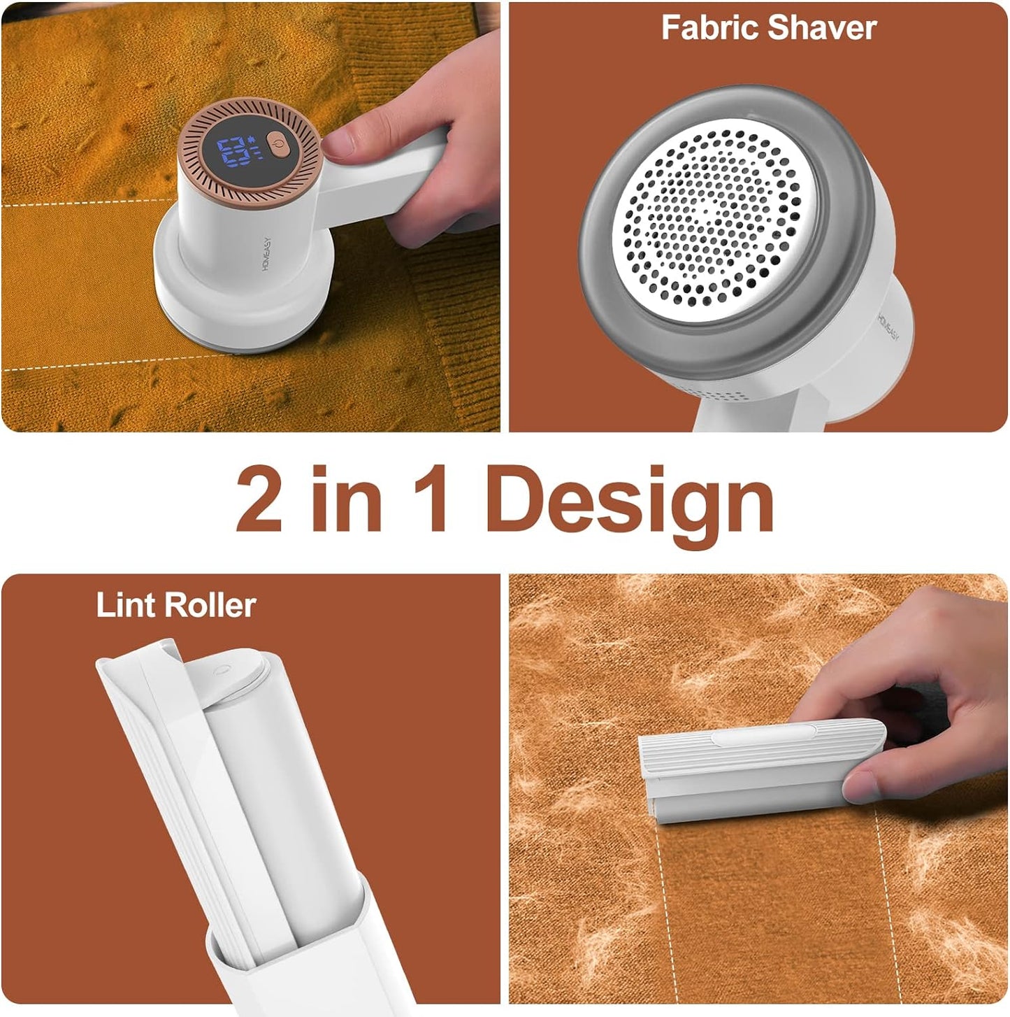 Fabric Shaver Fuzz Remover Rechargeable, HOMEASY Electric Lint Remover Shaver with 3 Blades & LED Digital Display, Sweater Couch Fabric Pill Shaver for Sweater, Couch, Furniture (White)