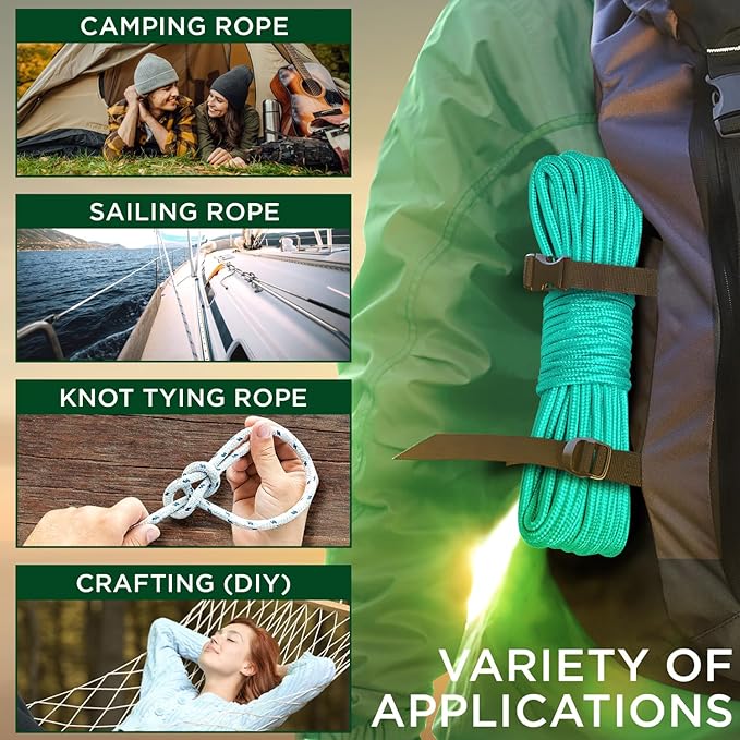 TECEUM Rope – 90 Feet x 1/4 Inch – Green Wave – Strong All-Purpose Utility Rope - Image 5